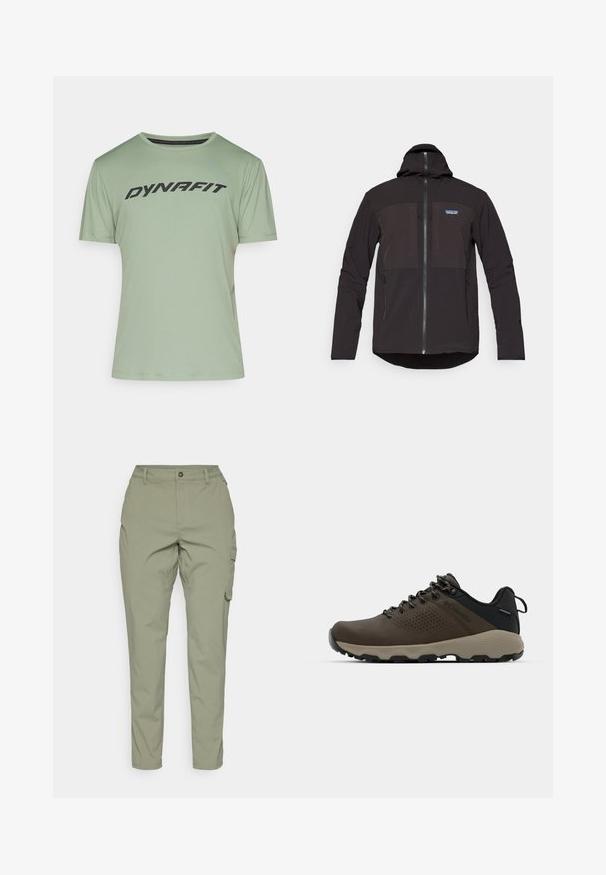 Mustahuppari, jossa on vetoketju, kaksi etutaskua vetoketjulla, teksturoitu kangas ja logopatchi vasemmassa rinnassa.; Vaaleanvihreä lyhythihainen urheilupaita, jossa on pyöreä pääntie ja musta "DYNAFIT" -logo painettuna rintaan. Valmistettu sileästä, hengittävästä kankaasta.; Vaaleanoliivinvihreät cargo-housut suoran lahkeiden muotoilulla, edestä napilla suljettavina, ja sivutaskuilla käytännöllisyyttä varten. Liukas, kestävä kangas.; Ruske vedenäyttävät lenkkarit, joissa on tekstuuroitu päällinen, reikiä korostavia yksityiskohtia, musta kantatuki ja harmaa kumipohja. Kiristysnauhoissa on metalliset päät.