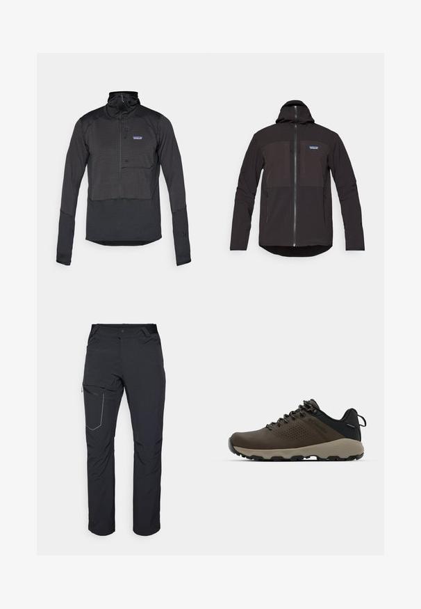 Svart hettegenser med glidelås, to frontlommer med glidelås, teksturert stoff og et logo-patch på venstre brystområde.; Svart langermet halv-lukket genser laget av teksturert stoff med brystlomme, har stående krage og elastiske mansjetter.; Svart utendørsbukser med en glidelåslomme på låret, elastisk midje og glatt, vannavstøtende stoff. Renslig design uten synlige logoer.; Brune vanntette joggesko med teksturert overdel, perforerte detaljer, svart hæl støtte og en grå gummisåle. Snøring er stilisert med metalliske ender.