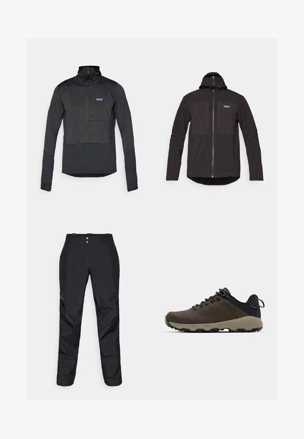 Črna kapuca jakna z zadrgo, dvema sprednjima žepoma na zadrgo, teksturirano blago in logotipom na levi prsni strani.; Črn pulover z dolgimi rokavi in polzadrgo, izdelan iz strukturalne tkanine, ima žep na prsih, stoječ ovratnik in elastične manšete.; Črne vodoodbojne hlače z gladko teksturo, ki imajo dva sprednja gumba in zasnovo ožjih nog. Okrašene z logotipom na strani.; Rjave vodoodporne superge z teksturiranim zgornjim delom, perforiranimi detajli, črno podporo za peto in sivo gumijasto podlogo. Šnure imajo metalne konice.