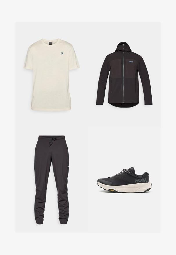 Fekete kapucnis dzseki, cipzáras zárással, két elülső cipzáras zsebbel, textúrázott anyaggal és logóval a bal mellrészen.; Peak Performance EXPLORE GRAPHIC TEE - Nyomott mintás póló - sand fog; Fekete, húzózsinórral ellátott sportnadrág, oldalsó zsebekkel, enyhén gyűrött anyaggal és egy kis látható logóval a jobb combon.; Fekete sportcipő texturált felsőrésszel, szürke kiegészítőkkel, fényvisszaverő részletekkel és vastag fehér talppal, amelyen Vibram márkajelzés található.