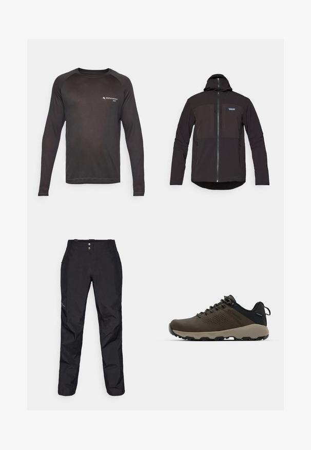 Melnā kapuce jaka ar rāvējslēdzēju, divām priekšējām rāvējslēdzēju kabatām, teksturētu audumu un logo uzlīmi kreisajā krūtīs.; Garās piedurknes sporta krekls vienkrāsainā melnā krāsā, ar apaļu izgriezumu un raglanu piedurknēm. Izgatavots no mitrumu izturoša materiāla ar logo detalizāciju.; Melni ūdensizturīgi bikses ar gludu tekstūru, kas aprīkotas ar diviem priekšējiem pogām un sašaurināta kāju dizainu. Uzsvars ar logotipu sānos.; Brūni ūdensnecaurlaidīgi sporta apavi ar teksturētu virsu, perforētiem akcentiem, melnu papēža atbalstu un pelēku gumijas zoli. Šņores veidotas ar metāliskiem galiem.