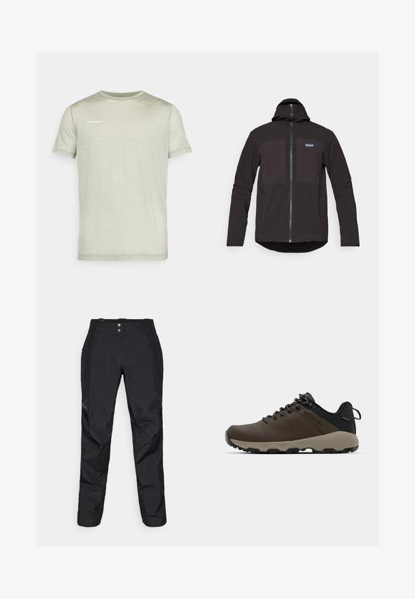 Črna kapuca jakna z zadrgo, dvema sprednjima žepoma na zadrgo, teksturirano blago in logotipom na levi prsni strani.; Svetlo zelena kratko rokava majica iz mehkega materiala. Ima krožni ovratnik in bel logotip "MAMMUT" natisnjen na prsih.; Črne vodoodbojne hlače z gladko teksturo, ki imajo dva sprednja gumba in zasnovo ožjih nog. Okrašene z logotipom na strani.; Rjave vodoodporne superge z teksturiranim zgornjim delom, perforiranimi detajli, črno podporo za peto in sivo gumijasto podlogo. Šnure imajo metalne konice.