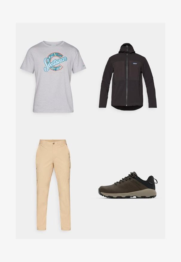 Svart hettegenser med glidelås, to frontlommer med glidelås, teksturert stoff og et logo-patch på venstre brystområde.; Lys grå bomulls T-skjorte med et flerfarget "Sportswear"-grafikk med geometriske mønstre og aksentfarger i blått og oransje.; Beige cargo bukser med knappestolpe, slim fit, sidelommer og et glatt bomullsblandingsstoff. Ingen synlige mønstre eller aksenter.; Brune vanntette joggesko med teksturert overdel, perforerte detaljer, svart hæl støtte og en grå gummisåle. Snøring er stilisert med metalliske ender.