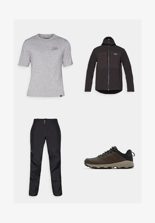 Črna kapuca jakna z zadrgo, dvema sprednjima žepoma na zadrgo, teksturirano blago in logotipom na levi prsni strani.; Siva majica s kratkimi rokavi, izdelana iz mehkega, lahkega materiala. Na zgornjem levem delu prsnega koša ima majhno, večbarvno logo.; Črne vodoodbojne hlače z gladko teksturo, ki imajo dva sprednja gumba in zasnovo ožjih nog. Okrašene z logotipom na strani.; Rjave vodoodporne superge z teksturiranim zgornjim delom, perforiranimi detajli, črno podporo za peto in sivo gumijasto podlogo. Šnure imajo metalne konice.