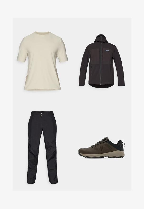 Melnā kapuce jaka ar rāvējslēdzēju, divām priekšējām rāvējslēdzēju kabatām, teksturētu audumu un logo uzlīmi kreisajā krūtīs.; Beidz, īsām piedurknēm T-krekls ar apaļu kakla izgriezumu. Gluda auduma ar sānu šuvēm un nedaudz izliekta apakšmalu. Nav redzamu logo vai rakstu.; Melni ūdensizturīgi bikses ar gludu tekstūru, kas aprīkotas ar diviem priekšējiem pogām un sašaurināta kāju dizainu. Uzsvars ar logotipu sānos.; Brūni ūdensnecaurlaidīgi sporta apavi ar teksturētu virsu, perforētiem akcentiem, melnu papēža atbalstu un pelēku gumijas zoli. Šņores veidotas ar metāliskiem galiem.