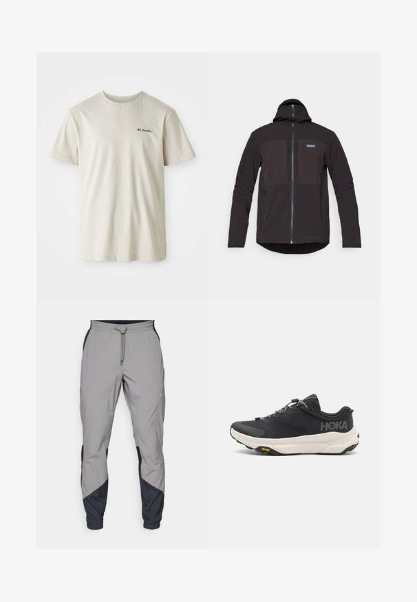 Svart hettegenser med glidelås, to frontlommer med glidelås, teksturert stoff og et logo-patch på venstre brystområde.; Beige bomulls t-skjorte med korte ermer, rund hals og en liten svart logo på venstre brystområde. Glatt, udetaljert stoff.; Lettvektige, grå treningsbukser med svarte detaljer. Elastisk midjebånd, snøring, tapered benedesign og sidelommer.; Svart treningssko med teksturert overdel, grå detaljer, reflekterende elementer og en tykk hvit såle med Vibram-merke.