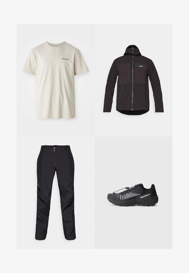 Svart huva jacka med dragkedjestängning, två främre dragkedjefickor, texturerad tyg och en logotyp-patch på vänster bröst.; Beige bomull t-shirt med korta ärmar, rundad halsringning och en liten svart logotyp på vänster bröstområde. Slät, odekorerad tyg.; Svarta vattentäta byxor med en slät yta, som har två framknappar och en tapered ben design. Försedda med en logotyp på sidan.; Svart trailrunning-sko med ett strukturerat mesh-övre, reflekterande detaljer, vadderad sula och elastiskt snörningssystem. Logotyp på sidan.