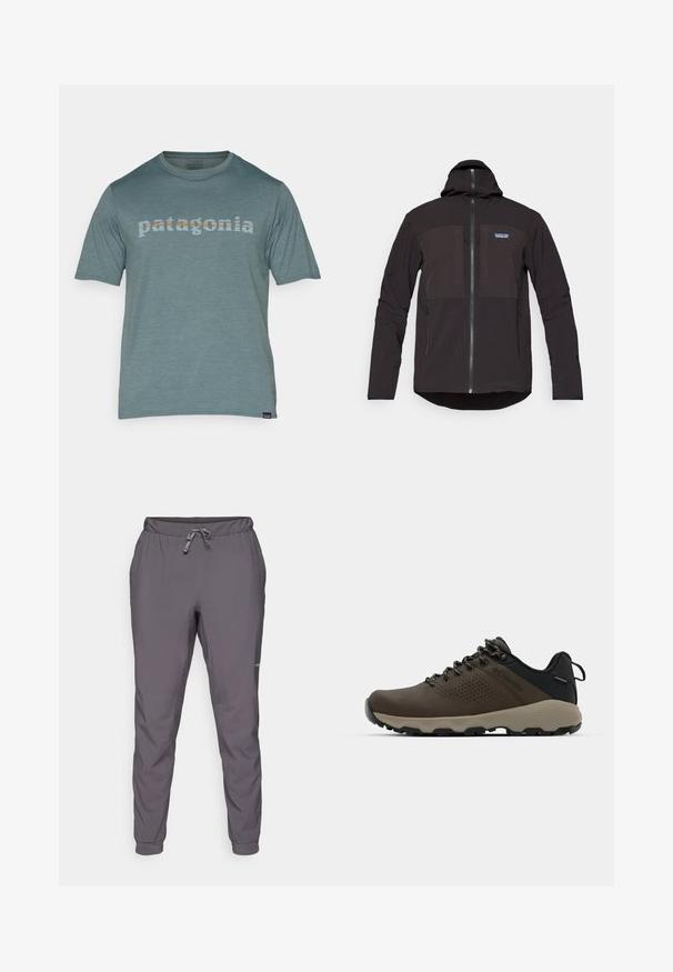 Čierna kapucňová bunda so zipsom, dvoma prednými zipsovými vreckami, texturovanou tkaninou a nášivkou loga na ľavej strane hrudníka.; Tričko s krátkymi rukávmi a okrúhlym výstrihom vo farbe melírovaná teal; na hrudi sa nachádza logo "patagonia" v pestrofarebnom písme.; Sivé, ľahké nohavice s elastickým pásom a nastaviteľnou šnúrkou; zúžené nohavice; hladká textúra; obsahuje logo detail na boku.; Hnedé vodoodolné tenisky s textúrovaným zvrškom, perforovanými detailmi, čiernou oporou päty a šedou gumovou podrážkou. Šnúrky sú ozdobené kovovými koncami.