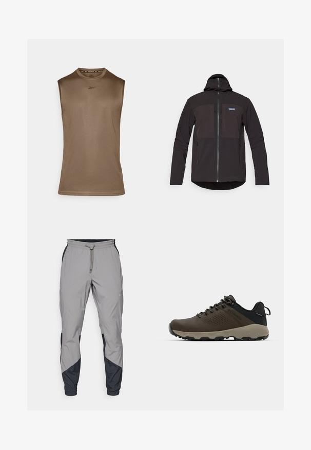 Black hooded jacket featuring a zip closure, two front zip pockets, textured fabric, and a logo patch on the left chest area.; Brown muscle tank top made of smooth fabric, features a round neckline and sleeveless design. Reebok logo printed on the center.; Lightweight, gray athletic pants with black accents. Elastic waistband, drawstring closure, tapered leg design, and side pockets.; Brown waterproof sneakers with a textured upper, perforated accents, black heel support, and a grey rubber sole. Laces are styled with metallic ends.