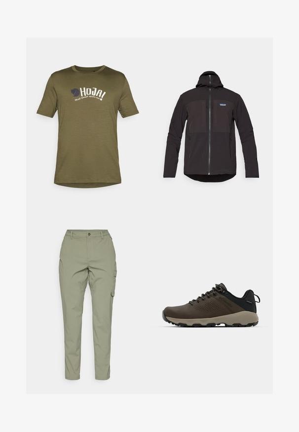 Black hooded jacket featuring a zip closure, two front zip pockets, textured fabric, and a logo patch on the left chest area.; Olive green cotton t-shirt, crew neck, short sleeves, featuring white and navy print text and a logo on the front. Lightweight fabric.; Light olive green cargo pants with a straight leg design, front button closure, and side pockets for functionality. Smooth, durable fabric.; Brown waterproof sneakers with a textured upper, perforated accents, black heel support, and a grey rubber sole. Laces are styled with metallic ends.