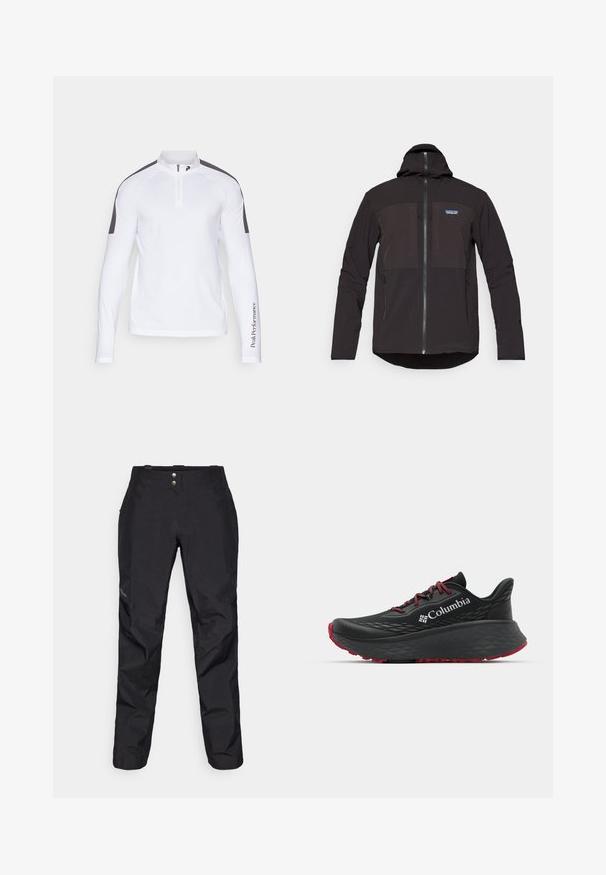 Crna dukserica s kapuljačom koja ima zatvaranje na zip, dva prednja džepa sa zipom, teksturiranu tkaninu i logotip na lijevoj strani prsnog područja.; Bijela majica dugih rukava s četvrtinim zatvaračem i sivim akcentima na ramenima. Ima glatku, rastezljivu tkaninu i logo otisnut na rukavu.; Crne vodootporne hlače s glatkom teksturom, s dva prednja dugmeta i dizajnom suženih nogavica. Istaknute logotipom sa strane.; Crne sportske cipele s teksturiranim gornjim dijelom, crvenim vezicama i logom. Debeli đon s uzorkom za prianjanje. Minimalistički dizajn, bočni prikaz.