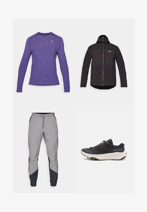 Melnā kapuce jaka ar rāvējslēdzēju, divām priekšējām rāvējslēdzēju kabatām, teksturētu audumu un logo uzlīmi kreisajā krūtīs.; Garais piedurkņu purpura sporta krekls ar teksturētu rakstu, apaļu kakla izgriezumu un tonālā logotipa augšdaļā. Izgatavots no viegla, elpojoša auduma.; Viegls, pelēks sporta bikses ar melniem akcentiem. Elastīga josta, ar auklu aizdare, sašaurināts kāju dizains un sānu kabatas.; Melna sporta kurpe ar teksturētu virsu, pelēkiem akcentiem, atstarojošiem elementiem un biezu baltu zoli, kas rotāta ar Vibram zīmolu.