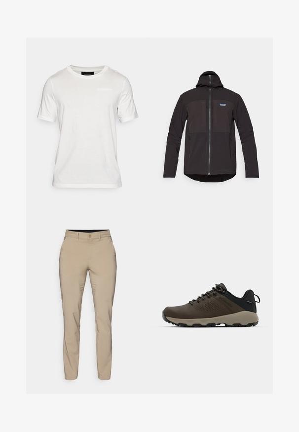 Svart huva jacka med dragkedjestängning, två främre dragkedjefickor, texturerad tyg och en logotyp-patch på vänster bröst.; Vit kortärmad t-shirt i mjukt material. Har en rund halsringning och en subtil logotypdetalj i mitten fram.; Beiga byxor av ett slätt tyg med slim fit, med en enda knäppning och sidofickor, som slutar vid ankeln.; Bruna vattentåliga sneakers med en strukturerad ovandel, perforerade detaljer, svart hälstöd och en grå gummisula. Snörningen har metalliska ändar.