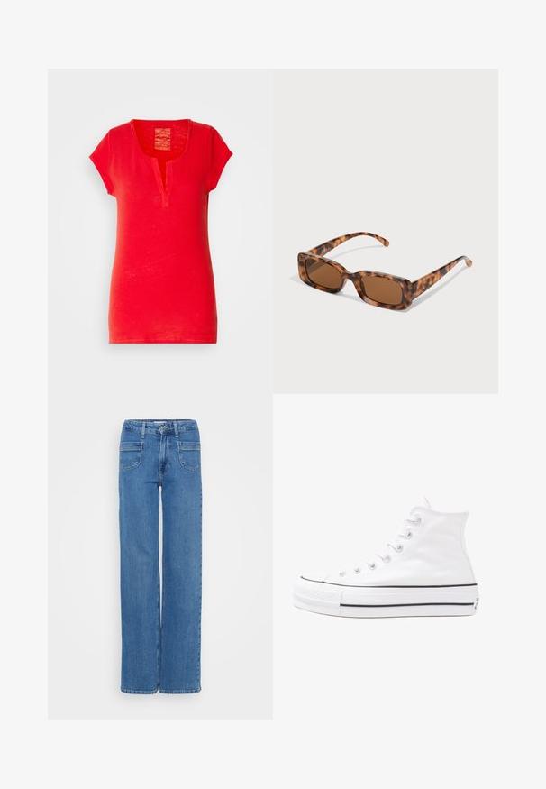 Beige wollen jas met hoge kraag, strikriem, voorzakken en visgraatstructuur. Beschikt over een getailleerd ontwerp en knoopsluiting.; Rode katoenen T-shirt met korte mouwen, een polo-achtige kraag en een gestructureerde afwerking. Heeft een eenvoudig, recht ontwerp zonder patronen.; Wijde blauwe spijkerbroek met hoge taille, vijf-pocket ontwerp en zichtbare stiksels op de naden. Glad textuur, klassieke afwerking.; Witte high-top canvas sneakers met een zwarte rubberen zool, een rubberen neuskap aan de voorkant en zes gaatjes voor veters, met een schone, minimalistische uitstraling.; Tortoiseshell zonnebril met rechthoekige bruine lenzen, een dik montuur en slanke armen met een patroon van variërende bruintinten.; Zilveren hoop oorbellen met een gladde, gepolijste afwerking. Twee paren met een iets verschillende maat. Eenvoudig, cirkelvormig ontwerp, lichtgewicht.
