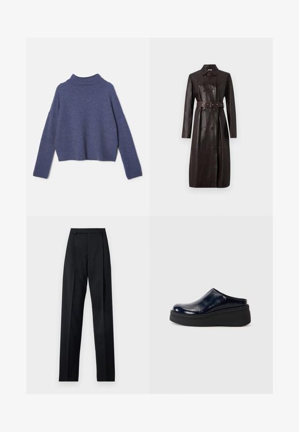 Sötétbarna bőr hosszú ballonkabát dupla gombos záródással, övbújtatós derékkal és klasszikus gallérral.; Lila, rövidített pulóver, puha anyagból készült, magas gallérral és hosszú ujjal, laza szabással és minimális varrásokkal.; Fekete nadrág sima anyagból, magas derékkal, széles lábakkal, elülső redőkkel és klasszikus övhurkokkal. Oldalzsebek nem láthatók.; Sötétkék lakkbőr klumpa sima felülettel, vastag fekete platformtalppal és látható varrással az alján.