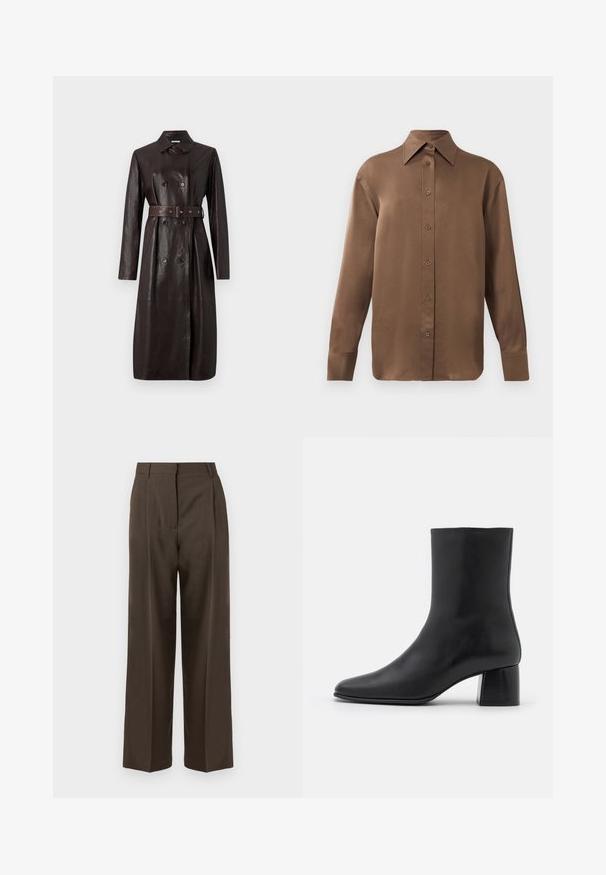 Tmavě hnědý kožený dlouhý trenčkot s dvouřadým zapínáním, páskem v pase a klasickým límcem.; Hnědá košile s dlouhým rukávem, zapínaná na knoflíky, s špičatým límcem a manžetami, vystavená na jednobarevném bílém pozadí.; Hnědé kalhoty s širokými nohavicemi a hladkým texturou, s vysokým pasem, předními záhyby a přizpůsobeným střihem. Žádné viditelné kapsy ani ozdoby.; Černé kožené kotníkové boty s špičatou špičkou a robustním čtvercovým podpatek. Hladká textura s bezšvovým designem a minimalistickým prošíváním.