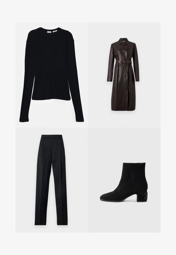 Tummanruskea nahkainen pitkä trenkkcoat, jossa on kaksiriviset napit, vyöllinen vyötärö ja klassinen kaulus.; Mustat pitkät hiharatoppi, joka on valmistettu pehmeästä kankaasta. Topissa on pyöreä pääntie ja rento istuvuus, jossa on sivuhalkiot helman kohdalla liikkumisen helpottamiseksi.; Musta housut, jotka on valmistettu sileästä kankaasta ja joissa on korkea vyötärö, leveät lahkeet, etukaarteet ja klassiset vyölenkit. Ei näkyviä sivutaskuja.; Casadei MUNY - Nilkkurit - black