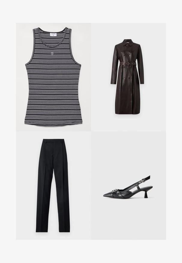 Tumepruun nahast pikk kehakate, topelt-äärtega nööpidega, vöödiga taljes ja klassikalise kraega.; Mustvalge triibuline t-särk pehmest kangast, ümmarguse kaelusega ja väikese logoga esi keskosas.; Mustad püksid siledast kangast, millel on kõrge vöökoht, laiad jalad, esimesed kortsud ja klassikalised vööloopid. Küljepockets pole nähtavad.; Must must have must toote tõmblukuga, dekoratiivsed rihmad metallist silmadega ja madal blokk-kand. Tekstureeritud pind.