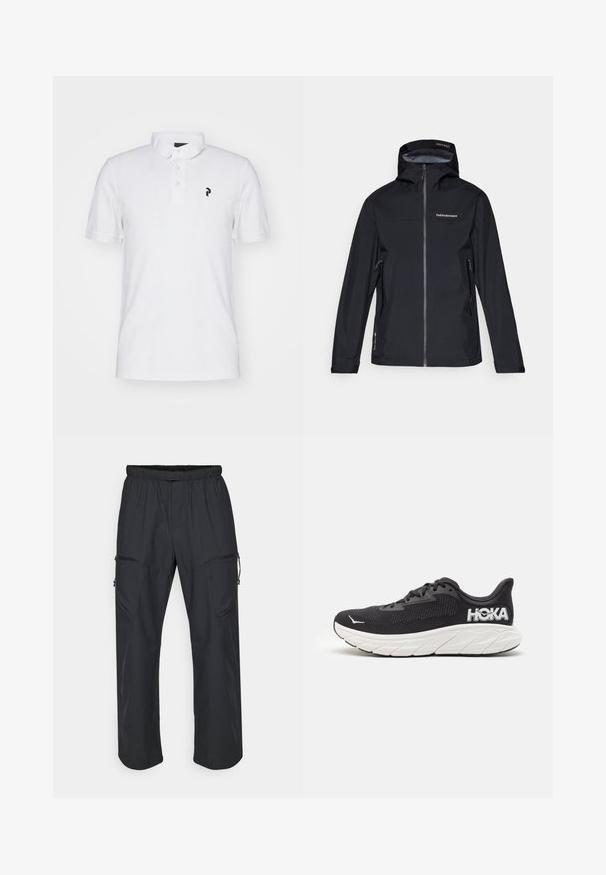 Mustalla vedenpitävällä takilla on huppu, vetoketjukiinnitys ja kaksi sivutaskua. Sileä pinta, rintaosa, jossa on logo, ja säädettävät hihansuut.; Valkoinen poolopaita klassisella kauluksella, jossa on kolme nappia ja pieni musta logo vasemmassa rinnassa. Puuvillamateriaalia, lyhyt hiha.; Mustat cargo-housut, joissa on elastinen vyötärö, kaksi vetoketjullista taskua ja kevyt, sileä kangas.; Musta juoksukenkä, jossa on tekstuuripintainen verkko-osa, valkoinen välipohja, näkyvä logo kantapäässä ja kaareva pohja vaimennusta varten.