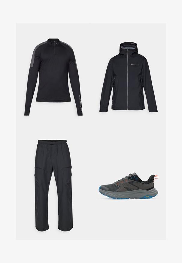 Crna vodootporna jakna s kapuljačom, prednjim rajsferšlusom i dva bočna džepa. Glatka tekstura s logom na prsima i podesivim manžetama.; Crna dugorukava atletska majica s četvrtastim zipom i sivim akcentima na ramenima. Sadrži natpis "PeakPerformance" na lijevoj rukavu.; Crne cargo hlače s elastičnim pojasom, dva zip zatvorena džepa i laganom, glatkom teksturom tkanine.; Sive atletske tenisice sa mrežastim i antilop materijalom, plavim potplatom, narančastim i plavim akcentima, te teksturiranim međupotplatom s logotipom Vibram.