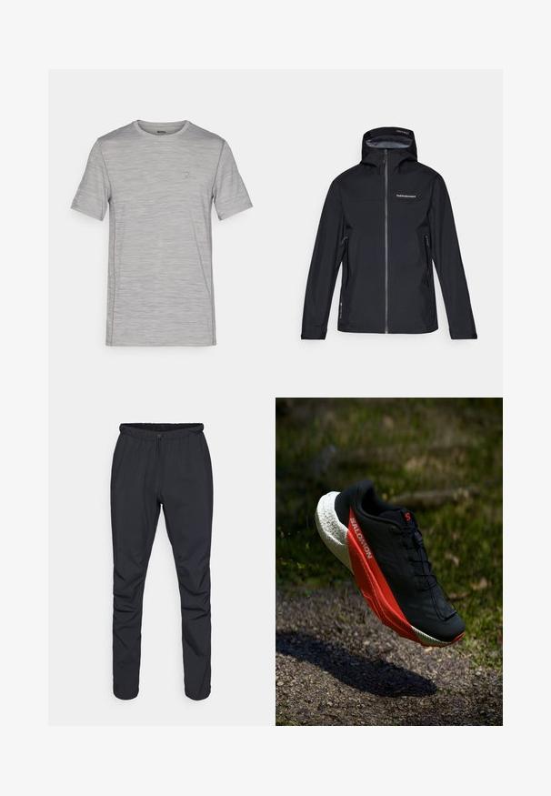 Fekete vízálló dzseki kapucnival, cipzáros elülső résszel és két oldalsó zsebbel. Simaszerkezetű, mellkason logóval és állítható mandzsettákkal.; Szürke melírozott rövid ujjú póló, kerek nyakkivágással, textúrált anyaggal és kis logós díszítéssel a mellkason. Könnyű kialakítás.; Fekete, könnyű nadrág, gumis derékkal, kötőfűzős záródással és szűkülő lábakkal. Vízlepergető anyagból készült, sima tapintással.; Fekete futócipő piros díszítéssel, könnyű hálós felsőrész, texturált fehér talppal és fűzőrendszerrel. A teljesítmény és a kényelem érdekében tervezték.