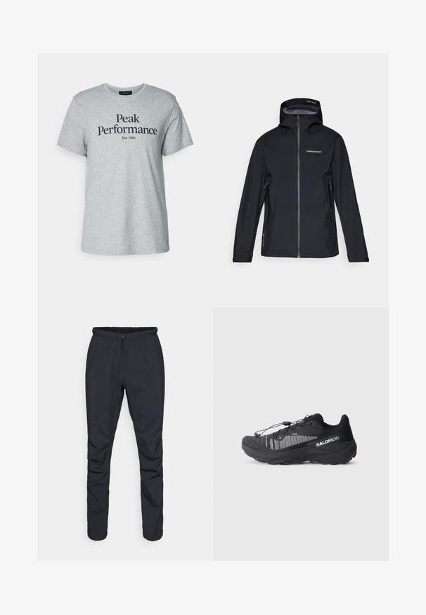 Černá nepromokavá bunda s kapucí, zipem vpředu a dvěma postranními kapsami. Hladký materiál s logem na hrudi a nastavitelnými manžetami.; Šedé bavlněné tričko s krátkými rukávy a kulatým výstřihem, s černým nápisem "Peak Performance Est. 1986" na přední části.; Černé lehké kalhoty s elastickým pasem, stahovací šňůrkou a zúženými nohavicemi. Vyrobeno z voděodolného materiálu s hladkým povrchem.; Černá běžecká obuv na trail s texturaovaným síťovaným svrškem, reflexními akcenty, tlumenou podrážkou a elastickým šněrovacím systémem. Logo na boku.