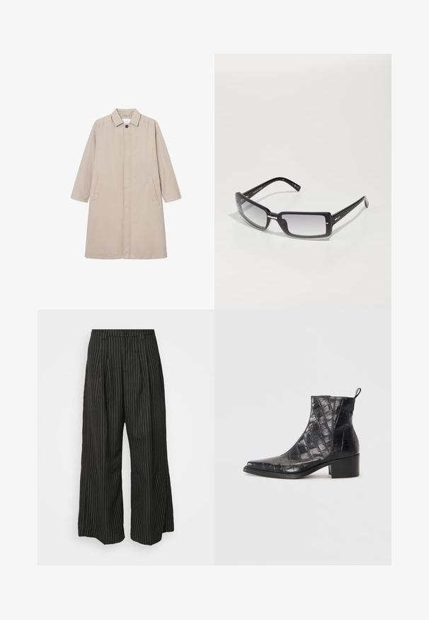 Imperméable beige en matériau léger, avec un col, fermeture à boutons, deux poches latérales, des manches longues et une coupe droite.; Chemise à manches courtes en tissu bleu marine foncé avec des rayures verticales blanches. Présente un col classique et deux poches poitrine avec des rayures horizontales.; Pantalons larges noir à rayures avec plis, présentant un design ajusté et une texture douce. Pas de matériel ou d'accents visibles.; Bottines noires en cuir synthétique texturé avec un motif crocodile, présentant un bout carré et un talon bloc.; Lunettes de soleil noires rectangulaires avec des verres dégradés, présentant une monture épaisse et des détails en métal sur les branches. Texture lisse sur l'ensemble.