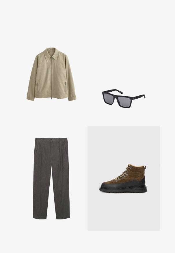 Svetlo béžová bunda s golierovým výstrihom, predným zipsom a dvoma bočnými zipsovými vreckami. Vyrobená z mäkkej, štruktúrovanej tkaniny.; Next SHORT SLEEVE - Tričko s potlačou - neutral sage green; Sivé, upravené nohavice vyrobené z textúrovanej látky. Majú gombíkový uzáver, dve predné vrecká a strih s rovnými nohavicami.; Hnedé semišové turistické boots s čiernou gumovou podrážkou, okrúhlou špičkou a zelenými šnúrkami. Obsahuje polstrovaný golier a pútko pre jednoduché obúvanie.; Čierne obdĺžnikové slnečné okuliare s tmavými sklami, matným povrchom a logom na spánku. Dizajn má rovné hrany a hrubé rámy.