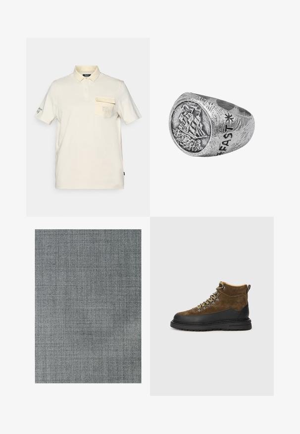 Ljusbeige jacka med krage, framtida dragkedjestängning och två sidofickor med dragkedja. Tillverkad av mjukt, texturerat tyg.; Krämfärgad kortärmad polo tröja med en knappad bröstficka som har en logotyp och broderad text på vänster ärm.; Grå tyg med en texturerad, vävd mönstring. Ytan är slät, med subtila variationer i ton och en fin rutstruktur.; Brun mocka vandringskänga med svart gummisula, rund tå och gröna snörningar. Har en vadderad krage och en dragflik för enkel påtagning.; Silverring med ett skeppsmotiv på en rund yta, med texturerade detaljer och ingraverat "FAST" på sidan, vilket visar en robust design.