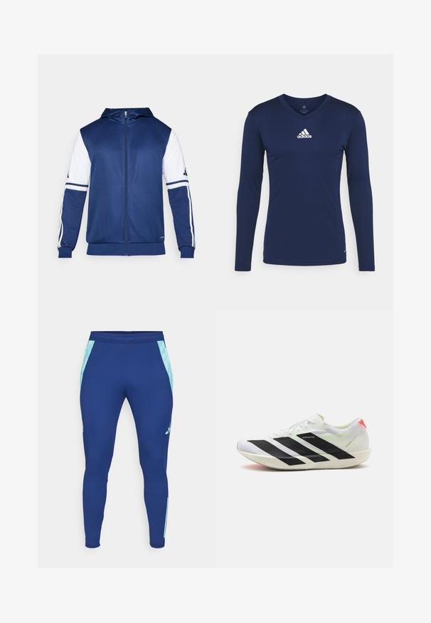 Sötétkék, zipzáros kapucnis dzseki fehér ujjal, mindkét karon három fehér csíkkal és az adidas logóval a mellkason.; Tengerészkék, hosszú ujjú sportpóló, texturált anyagból, V-kivágással és fehér Adidas logóval a mellrészen. Egyszerű dizájn, testhezálló forma.; Tengerészkék sportleggings, rugalmas anyagból készült, világoskék oldalsó panelek jellemzik, testhezálló fazonú, keskeny bokakivágással.; Fehér sportcipő fekete átlós csíkokkal, könnyű hálós anyaggal, zöld kiemelésekkel és piros saroktáblával; elegáns, megnyúlt dizájnnal rendelkezik.