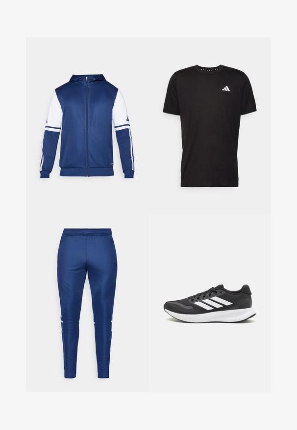 Navy zip-up hooded jacket with white sleeves, featuring three white stripes on each arm and an Adidas logo on the chest.; Black cotton t-shirt with short sleeves, crew neckline, and a white logo on the left chest. Smooth texture and simple design.; Navy athletic pants with a smooth, sleek texture, featuring white side stripes, an elastic waistband, and a tapered leg design.; Black athletic shoe with breathable mesh upper, white accents, and a cushioned sole. Features three stripes logo on the side.