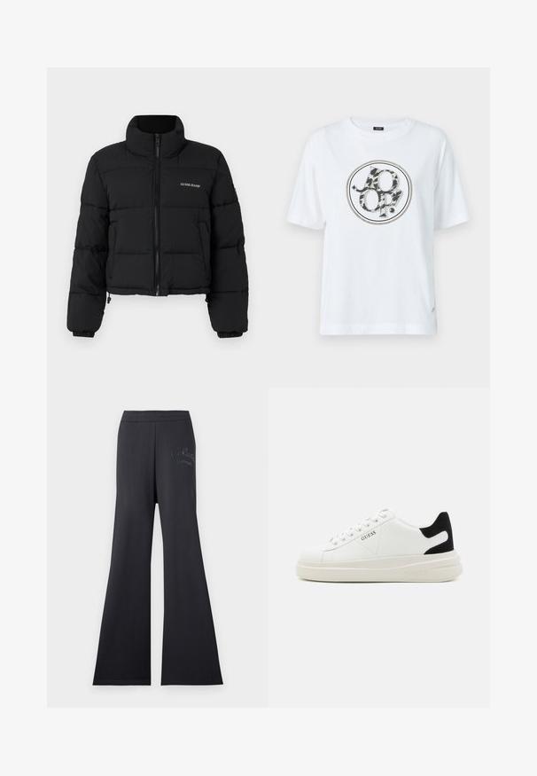 Schwarze, cropped Pufferjacke mit hohem Kragen, Reißverschlussfront, gesteppten Paneelen und dem auf die linke Brust gestickten "GUESS JEANS"-Logo.; Weißes Baumwoll-T-Shirt mit einem runden grafischen Logo, das ein Schwarz-Grau Tiermuster-Design zeigt. Kurze Ärmel und eine lockere Passform.; Schwarze weit geschnittene Hosen mit einem elastischen Bund, aus weichem Material gefertigt. Verfügt über ein gesticktes Logo-Detail in einer kontrastierenden Farbe an der Seite.; Weiße Leder-Sneaker mit einer dicken weißen Sohle, schwarzem Wildlederakzent an der Ferse und geprägtem Logo an der Seite. Schnürdesign mit sechs Ösen.