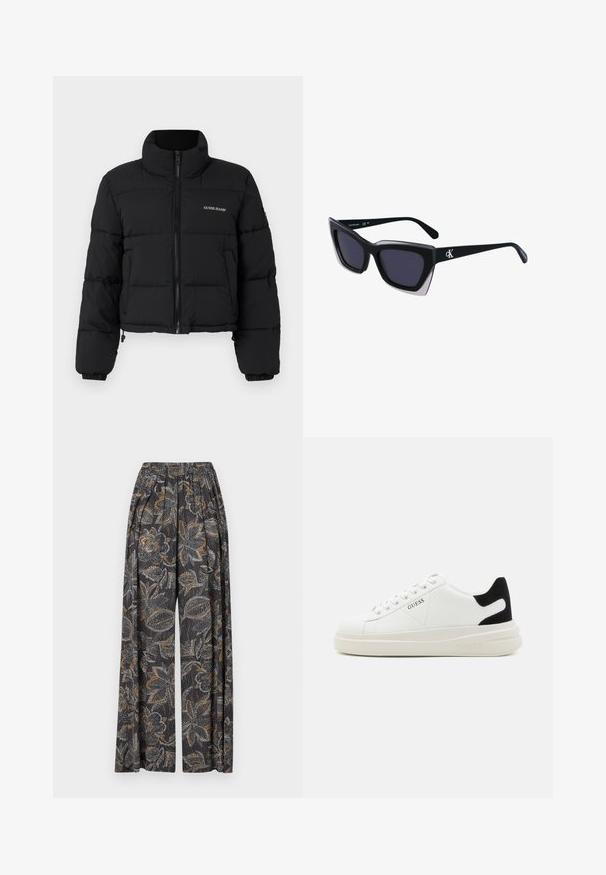 Giacca a vento nera crop con collo alto, zip frontale, pannelli cuciti e logo "GUESS JEANS" ricamato sul lato sinistro del petto.; T-shirt in cotone con righe orizzontali blu navy su sfondo bianco. "Tommy Hilfiger" ricamato in corsivo sul petto. Collo a giro.; Pantaloni a gamba larga con una stampa floreale scura caratterizzata da intricate fantasie grigie e arancioni. La vita elasticizzata offre comfort e flessibilità.; Sneaker bianchi in pelle con suola spessa bianca, accento in suede nero sul tallone e logo impresso sul lato. Design con lacci e sei fori per i lacci.; Occhiali da sole oversize neri dalla forma geometrica, con lenti scure e un dettaglio grigio a contrasto sulla montatura. Logo sul braccio.