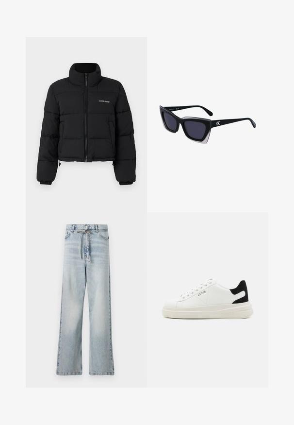 Črna skrajšana puhovka z visokim ovratnikom, zadrgo spredaj, šivanimi paneli in vezenim logotipom "GUESS JEANS" na levi strani prsnega dela.; Bombažna majica s horizontalnimi mornarsko modrimi črtami na belem ozadju. "Tommy Hilfiger" izvezeno v kurzivni pisavi na prsih. Okrugli izrez.; Svetlo modre široke kavbojke iz denima, ki imajo visok pas, sprednje žepe in detajl z vrvico pri pasu. Imajo obrabljen videz.; Bele usnjene športne copate z debelim belim podplatom, črnimi semišnimi detajli na peti in utisnjenim logotipom na strani. Zavezovanje s šestimi luknjicami.; Črne prevelike sončne očala geometrijske oblike, z temnimi lečami in kontrastno sivo podrobnostjo na okvirju. Logo na ročaju.
