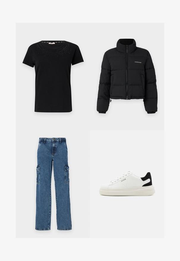 Μαύρο κοντό puffer μπουφάν με ψηλό γιακά, μπροστινό φερμουάρ, ραμμένες πάνελ και το λογότυπο "GUESS JEANS" κεντημένο στο αριστερό στήθος.; Μαύρο κοντομάνικο μπλουζάκι από βαμβάκι, με στρογγυλή λαιμόκοψη διακοσμημένη με ένα μοτίβο από μικρές καρφίτσες γύρω από τον γιακά.; Μπλε τζιν cargo παντελόνι με χαλαρή εφαρμογή, που διαθέτει δύο πλαϊνές τσέπες, ενισχυμένη ραφή και σχέδιο ίσιας ποδός.; Λευκά δερμάτινα αθλητικά παπούτσια με χοντρή λευκή σόλα, μαύρη σουέτ λεπτομέρεια στην φτέρνα και ανάγλυφο λογότυπο στο πλάι. Σχέδιο με κορδόνια και έξι θηλιές.