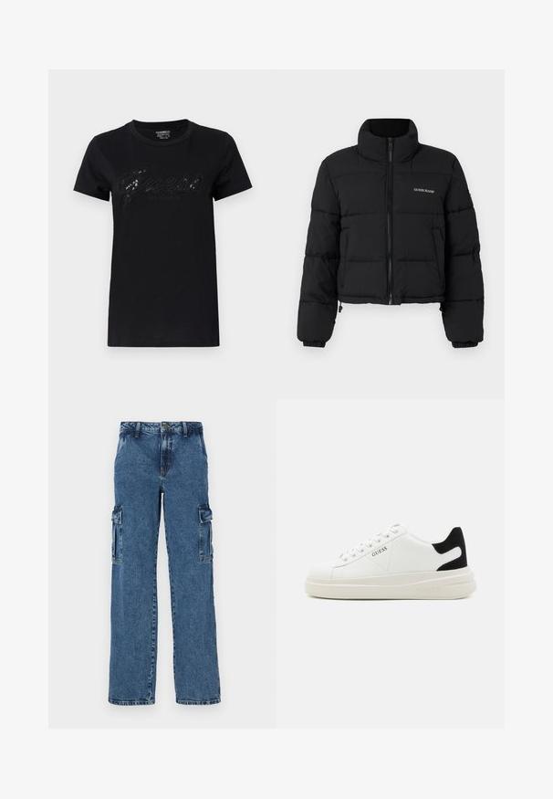 Sort cropped puffer-jakke med høj krave, lynlås foran, sydde paneler og "GUESS JEANS" logo broderet på venstre bryst.; Sort t-shirt med korte ærmer, med et skinnende "Guess" logo i skrifttype og "Los Angeles" nedenunder, lavet af blødt bomuldsstof.; Blå denim cargo bukser med en afslappet pasform, der har to sidelommer, forstærket syning og et lige ben-design.; Hvide lædersneakers med en tyk hvid sål, sort ruskindhælvægt og prægede logoer på siden. Snørebåndsdesign med seks øjer.