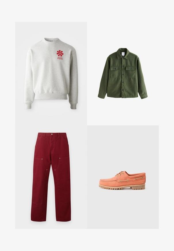 Zelená vlněná bunda s knoflíkovým zapínáním, dvěma náprsními kapsami, klasickým límcem a dlouhými rukávy. Texturovaná látka s matným povrchem.; Svetle šedá mikina s žebrovanými manžetami a lemem. Na levé části hrudi je červené grafické logo. Vyrobena z jemné látky.; Burgundské bavlněné kalhoty se rovný střih, s dvěma předními kapsami, stříbrnými detaily a akcenty na kolenou. Hladká textura, střední hmotnost.; Oranžové kožené lodní boty s designem ve stylu mokasín, kulatou špičkou, hnědými tkaničkami a gumovou podrážkou s drážkami pro lepší trakci.