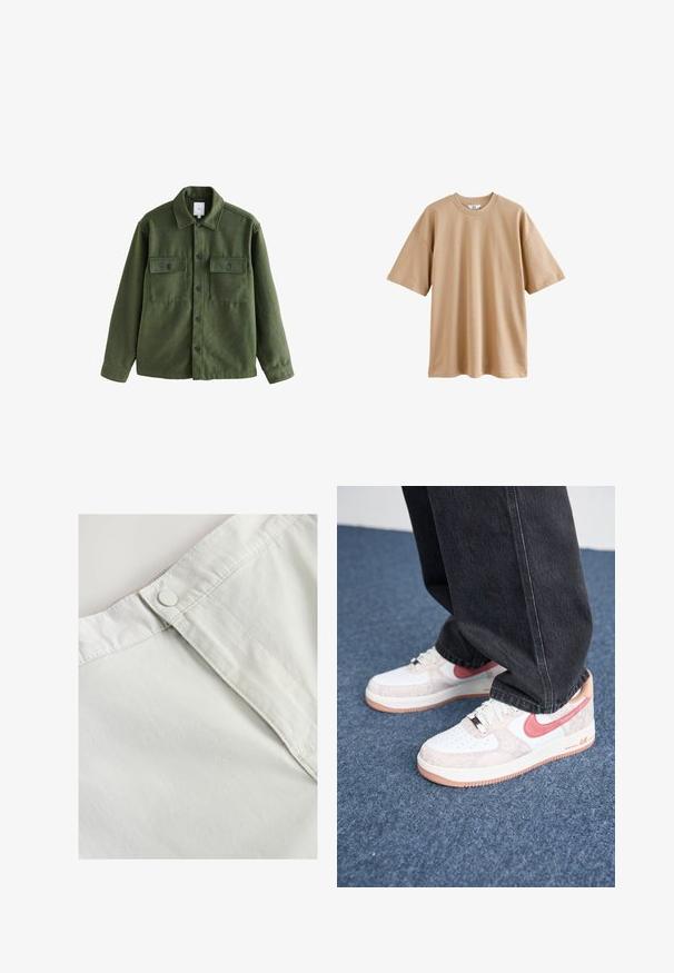 Zelena jakna iz mešane volne z gumbnim zapiranjem spredaj, dvema prsnikoma, klasičnim ovratnikom in dolgimi rokavi. Teksturovana tkanina z mat finišem.; Bež majica s kratkimi rokavi, izdelana iz bombaža, z okroglo ovratnikom in sproščenim krojem, z gladko teksturo in brez vzorcev ali poudarkov.; Bela bombažna tkanina z gumbom na pasu, ki se ponaša z diskretno teksturo in šiviljskim detajlom ob šivih.; Bele in roza Nike Air Force 1 športni copati z teksturiranim materialom, okroglo konico, veznim dizajnom in kontrastnim gumijastim podplatom.