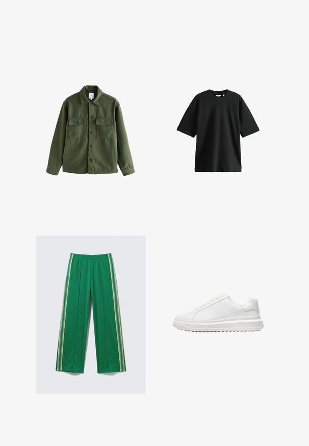 Zelená vlněná bunda s knoflíkovým zapínáním, dvěma náprsními kapsami, klasickým límcem a dlouhými rukávy. Texturovaná látka s matným povrchem.; Černé tričko s krátkým rukávem vyrobené z bavlny, s kulatým výstřihem a volným střihem, měkkou texturou a minimem detailů.; Zelené široké kalhoty z hladké látky s elastickým pasem a kontrastními žlutými bočními pruhy se vzorem cikcak.; Bílé tenisky s hladkým syntetickým svrškem, kulatou špičkou, plochými tkaničkami, texturovanou podrážkou a vrstveným designem platformy pro zvýšení výšky.