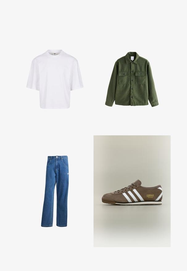 Žalias vilnos mišinio švarkas su mygtukų užsegimu, dviem krūtinės kišenėmis, klasikine apykakle ir ilgomis rankovėmis. Tekstūruota medžiaga su matinio paviršiaus apdaila.; Balta, trumpa rankovėmis marškinėliai su apvaliu iškirpimu ir laisvu siluetu, pagaminti iš lygaus medvilnės mišinio. Be raštų ar dekoracijų.; Mėlynos aukštu liemeniu plačios džinsinės kelnės su priekinėmis kišenėmis, diržo kilpos, sagčių uždarymu ir mažu Adidas logotipu dešinėje šlaunyje.; Rudos spalvos zomšiniai sportbačiai su trimis baltomis juostelėmis, plokščiu guminės pado, apvalia nosimi ir aukso spalvos "adidas Italia" logotipu šone.