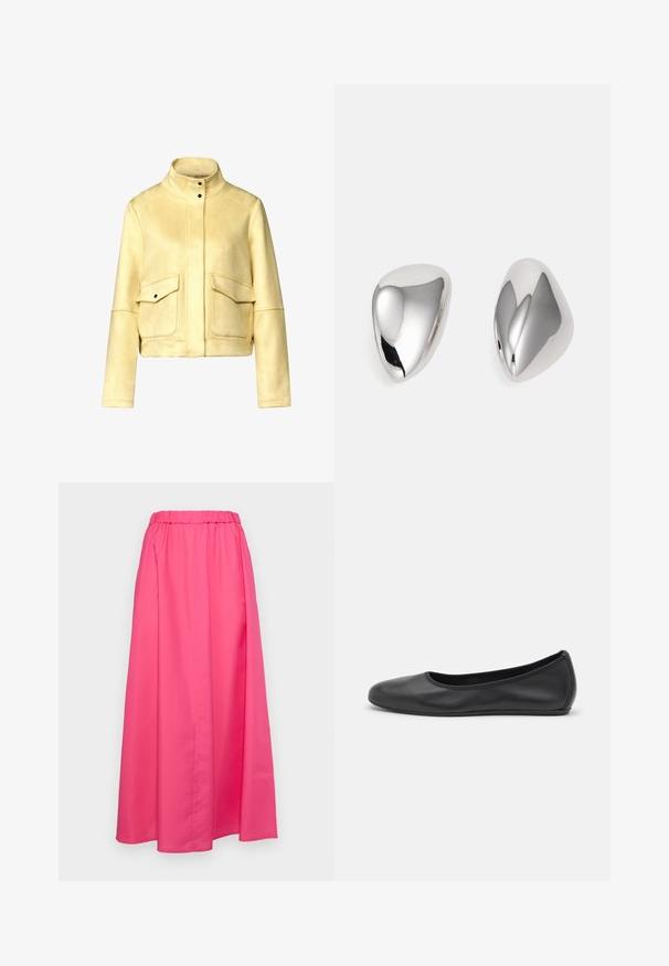 Gul ruskind cropped jakke med høj krave, to frontlommer og sorte trykknapper til lukning. Glat tekstur, struktureret design.; Grå kortærmet t-shirt lavet af glat stof. Har en rund halsudskæring, lige kant og minimale syninger.; MAX&Co. MATRIGNA - Maxinederdele - azaleerot; Sort læderballetsko med rund tå, glat tekstur, minimal syning og et fleksibelt såldesign.; Sølvtonede metal øreringe med en glat, blank, tåreformet silhouette. De har en poleret overflade og et sømløst design uden dekorationer.