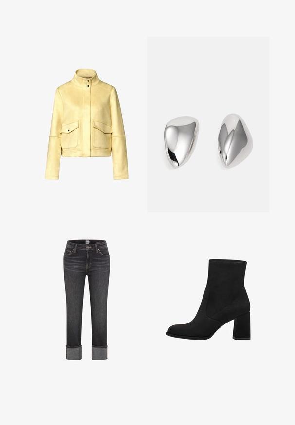 Giacca cropped in suede giallo con colletto alto, due tasche frontali e bottoni a pressione neri per la chiusura. Texture liscia, design strutturato.; T-shirt grigio a maniche corte realizzato in tessuto liscio. Presenta un colletto tondo, orlo dritto e dettagli di cucitura minimali.; Jeans dritti grigi scuri con orli piegati, bottone anteriore e zip, passanti per cintura, e tasche anteriori e posteriori.; Stivaletti neri alla caviglia con tacco a blocco, realizzati in morbida suede. Presentano una punta rotonda e pannelli laterali lisci con dettagli di cucitura.; Orecchini in metallo tono argento con forma a goccia liscia e lucida. Presentano una finitura lucidata e un design senza cuciture, privo di decorazioni.