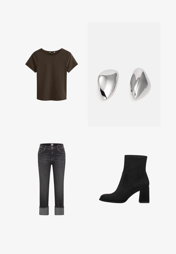 Gul ruskind cropped jakke med høj krave, to frontlommer og sorte trykknapper til lukning. Glat tekstur, struktureret design.; Brun kortærmet t-shirt med rund halsudskæring, lavet af blødt stof, med et enkelt og sømløst design uden synlige logoer eller mønstre.; Mørkegrå lige jeans med foldede manchetter, frontknap og lynlås, bæltestropper og for- og baglommer.; Sorte ankelstøvler med blokhæl, lavet af blødt suede. Har en rund tå og glatte sidestykker med syningsdetaljer.; Sølvtonede metal øreringe med en glat, blank, tåreformet silhouette. De har en poleret overflade og et sømløst design uden dekorationer.