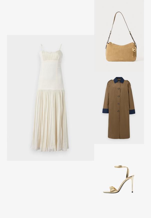 Langer brauner Trenchcoat mit navy-farbenem Kragen und Manschetten, fünf Knöpfen an der Vorderseite, zwei Seitentaschen und Schulterklappen.; sandro ROBE - Freizeitkleid - ecru; Metallisch goldene High-Heel-Sandale mit einem Knöchelriemen, offener Zehenpartie, glänzender Oberfläche und schlankem Stiletto-Absatz. Schwarze Sohlenakzent.; Beige Wildleder-Umhängetasche mit geschwungener Form, goldener Hardware und Reißverschluss. Verfügt über einen angehängten Charm mit den Initialen "MK."