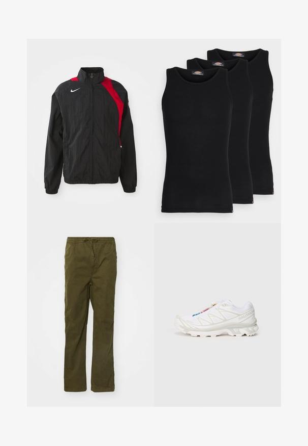 Giacca a vento nera con accenti rossi, chiusura con zip, colletto alto, polsini elasticizzati e dettaglio del logo riflettente sul petto. Tessuto leggero e strutturato.; Magliette senza maniche nere in confezione da tre. Texture a coste, scollatura a giro standard. L'orlo presenta un piccolo logo del brand nella parte inferiore.; Pantaloni cargo in cotone verde oliva, con vita con cordoncino, gambe diritte, tasche laterali e una texture liscia.; Scarpa da ginnastica bianca con tomaia in rete testurizzata, dettagli riflettenti e suola ammortizzata. Logo del marchio ben visibile sul lato.