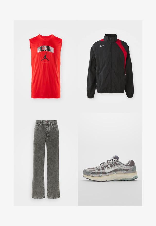 Črna vetrovka z rdečimi akcenti, z zadrgo, visokim ovratnikom, elastičnimi manšeti in odsevno oznako na prsih. Lahka, teksturirana tkanina.; Rdeč brezrokavnik za šport z črnim napisom "CHICAGO" in črnim logotipom Nike Air Jordan, ki je centriran pod napisom. Gladka, lahka tkanina.; Široke traperice v zbledeli črni denimu, ki imajo gumb zapiranje, pet žepov in kontrastno šivanje ob šivih.; Sive športne čevlje z zgornjim delom iz mrežastega in semiš materiala, belimi akcenti, oblazinjenim podplatom ter edinstvenim dizajnom z odsevnimi elementi.