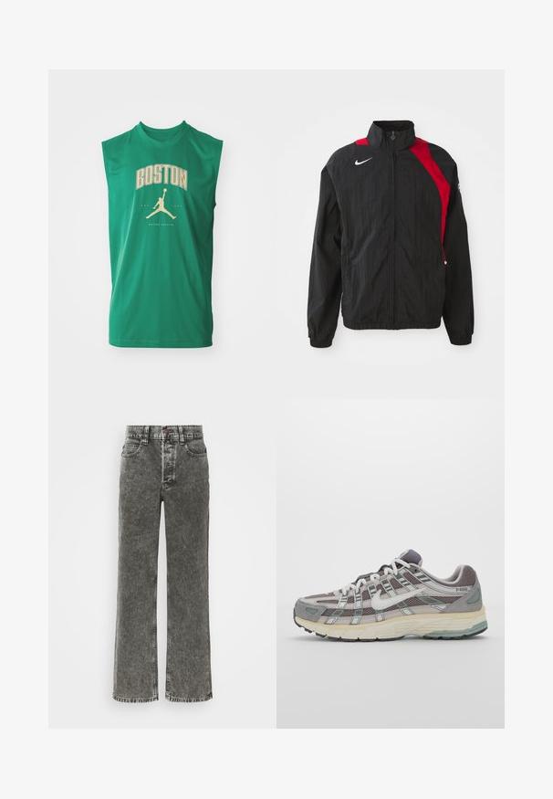 Casaco corta-vento preto com detalhes vermelhos, fechamento com zip, gola alta, punhos elásticos e detalhe reflexivo do logo no peito. Tecido leve e texturizado.; Camisola atlética verde sem mangas com "BOSTON" em dourado e logo de silhueta de basquetebol. Tecido suave com um corte descontraído.; Calças largas em denim preto desbotado, com fecho de botão, design de cinco bolsos e costura em contraste ao longo das costuras.; Sapatilha atlética cinza com parte superior em malha e camurça, detalhes brancos, sola acolchoada e um design distinto com elementos refletivos.