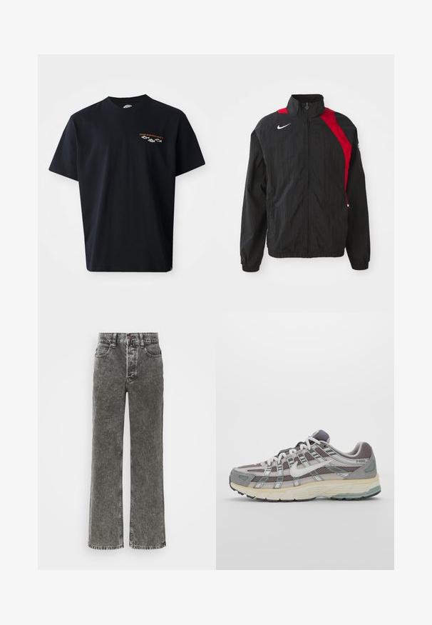 Črna vetrovka z rdečimi akcenti, z zadrgo, visokim ovratnikom, elastičnimi manšeti in odsevno oznako na prsih. Lahka, teksturirana tkanina.; Črna bombažna majica s kratkimi rokavi in okroglo ovratnikom, z grafičnim dizajnom v beli in oranžni barvi, ki vsebuje napis "Dickies Work Wear Since '22."; Široke traperice v zbledeli črni denimu, ki imajo gumb zapiranje, pet žepov in kontrastno šivanje ob šivih.; Sive športne čevlje z zgornjim delom iz mrežastega in semiš materiala, belimi akcenti, oblazinjenim podplatom ter edinstvenim dizajnom z odsevnimi elementi.