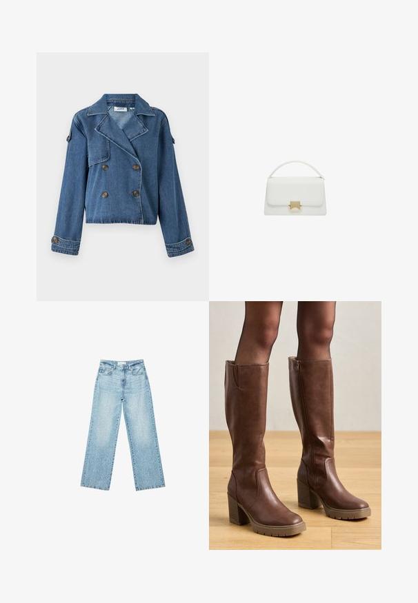 Korte denimjas in medium blauw met een dubbelbreasted ontwerp, grote revers en bruine knopen. Heeft gestikte accenten en een cropped zoom.; Witte t-shirt met korte mouwen en ronde hals, gemaakt van zachte katoen, met een eenvoudig, schoon ontwerp zonder zichtbare patronen of accenten.; Lichtblauwe denim wijde-lange jeans met een hoge taille, voorzien van een vervaagde wassing en kleine, verspreide versleten details overal.; Anna Field Plateaulaarzen - cognac; Witte leren handtas met een gestructureerd ontwerp, voorzien van een bovenhandgreep en een goudkleurige sluiting. Gladde textuur en minimalistische accenten.