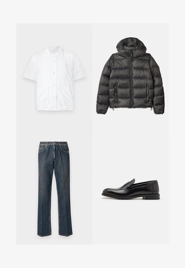 Schwarze Pufferjacke mit Kapuze, mit einem Reißverschluss vorne, zwei seitlichen Taschen und gestepptem Muster. Hergestellt aus leichtem, isoliertem Material.; Cremefarbener Strickpullover mit Polo-Kragen, gerippten Bündchen und Saum, ausgestattet mit einer vorderen Knopfleiste und weicher Textur.; Weißes Kurzarmhemd mit kragenförmigem Halsauschnitt, zwei Fronttaschen, Spitzenbesatz und Knöpfen in der Mitte. Aus Baumwollmaterial.; Tiefblaue kurzärmelige T-Shirt mit weißem Text "neanche per sogno" zentriert auf der Brust, Rundhalsausschnitt, Größe M.; Dunkelblaue, gerade Jeans aus Denim mit vorderem Knopf, Reißverschluss, doppelten vorderen Taschen und sichtbaren vertikalen Falten entlang der Beine.; Schwarze Lederloafers mit glatter Textur, rundem Zehenbereich und einem dekorativen Riemen über dem Vorderfuß. Niedriger, gestapelter Absatz, minimalistisches Design.